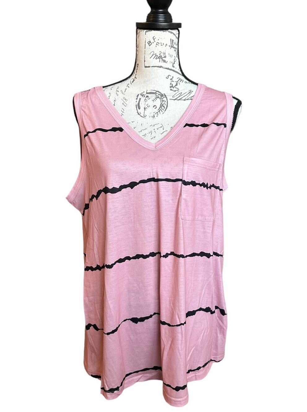 New Bloomchic Pink Black Striped Print Pocket V-neck Tank Top 1X Plus 14/16